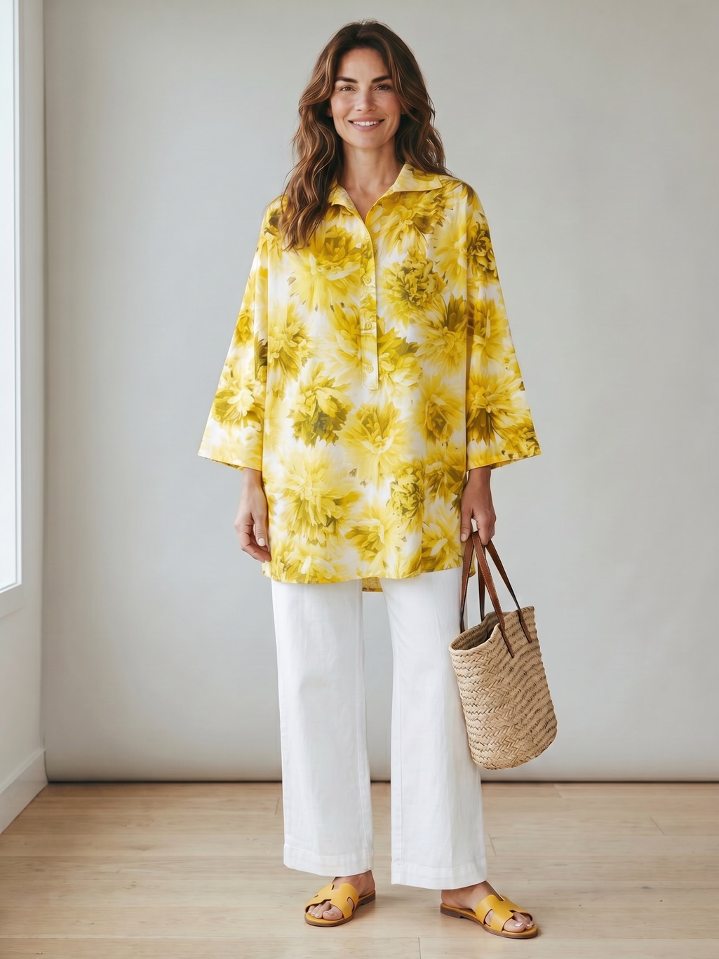 Giambattista Valli Yellow Floral Tunic Top Size 44/M Popover Half Button Cotton